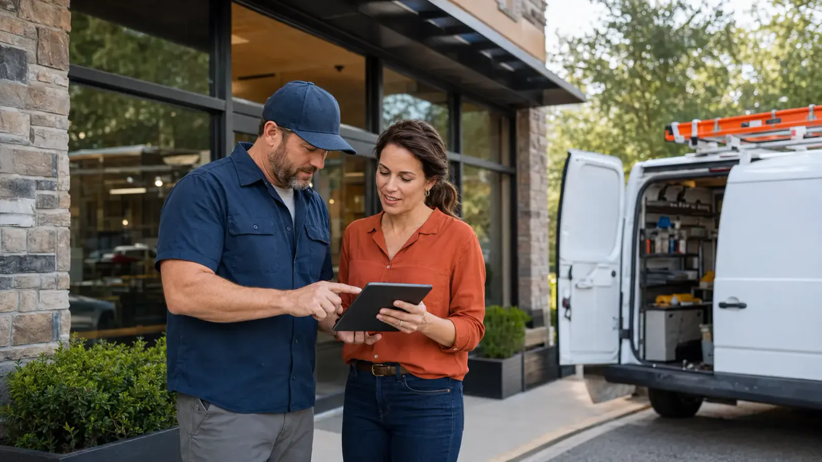 A franchise owner and marketer planning local lead generation outside a service storefront.