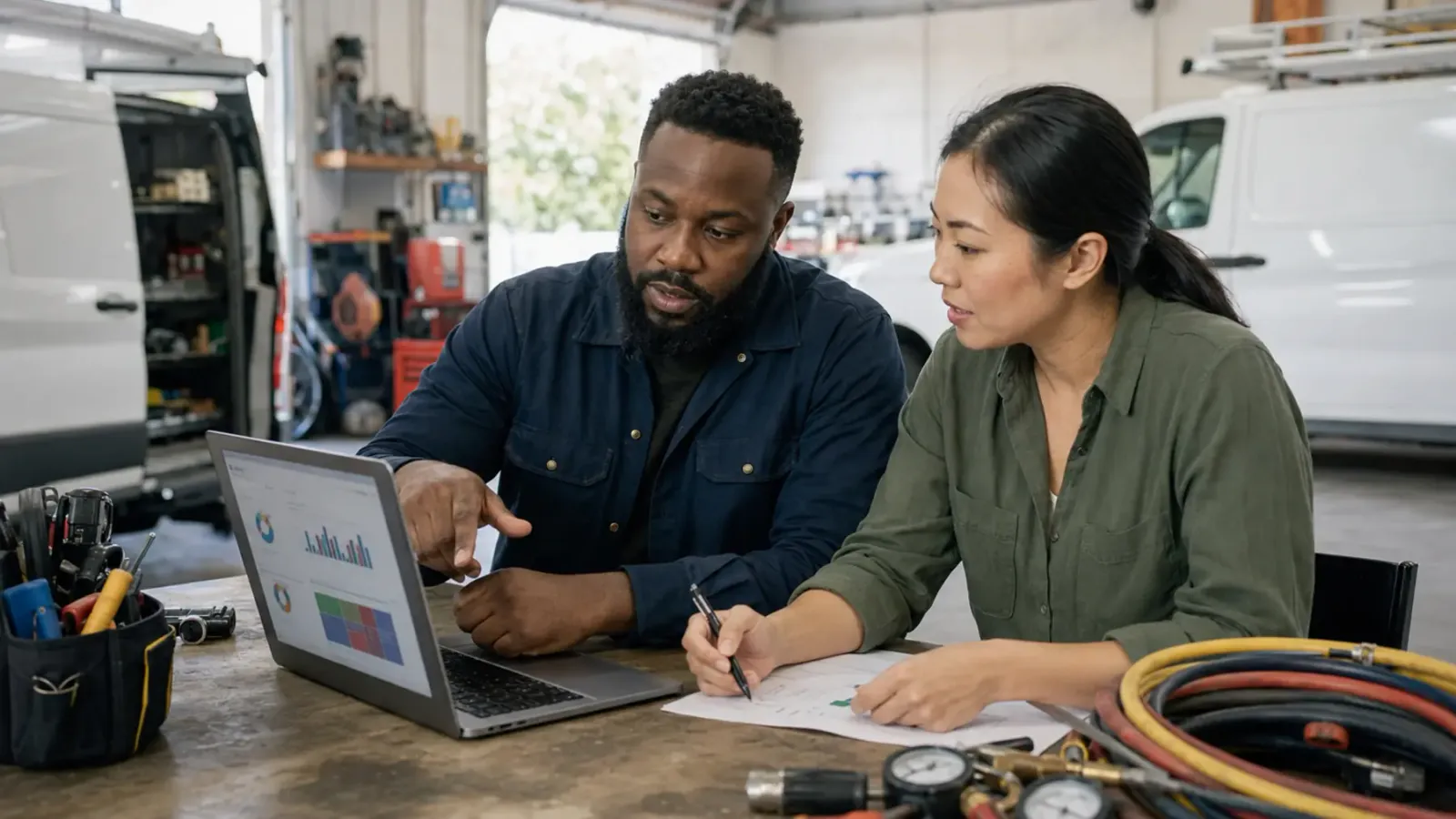 A home services owner and marketing strategist reviewing campaign economics in an unbranded service-truck workshop.