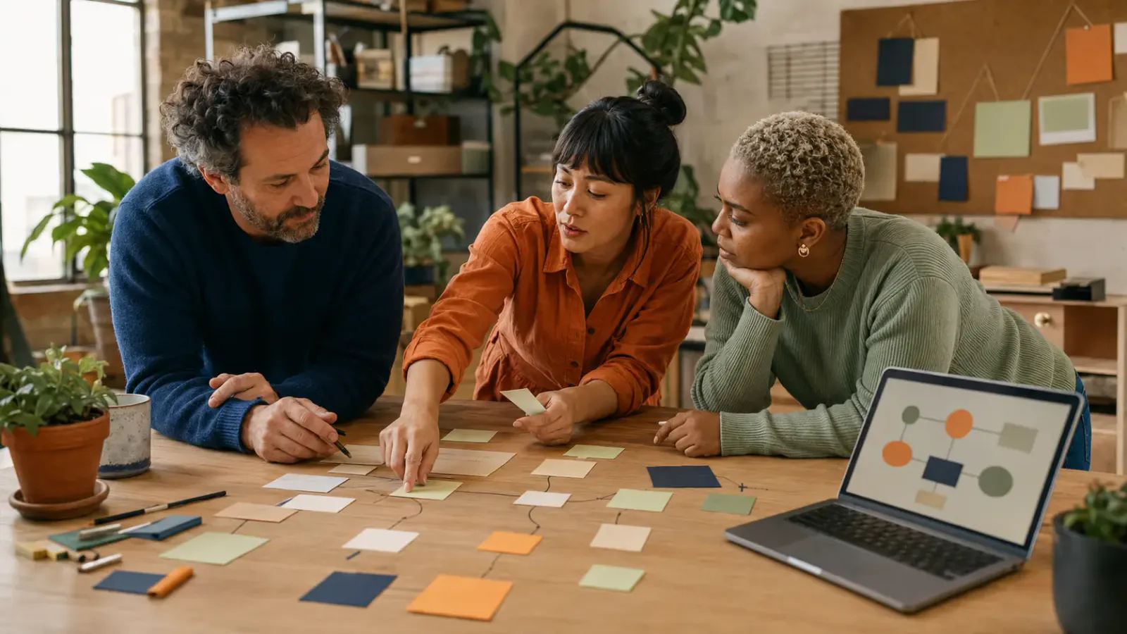 A marketing team mapping a practical automation workflow while keeping human review in the process.
