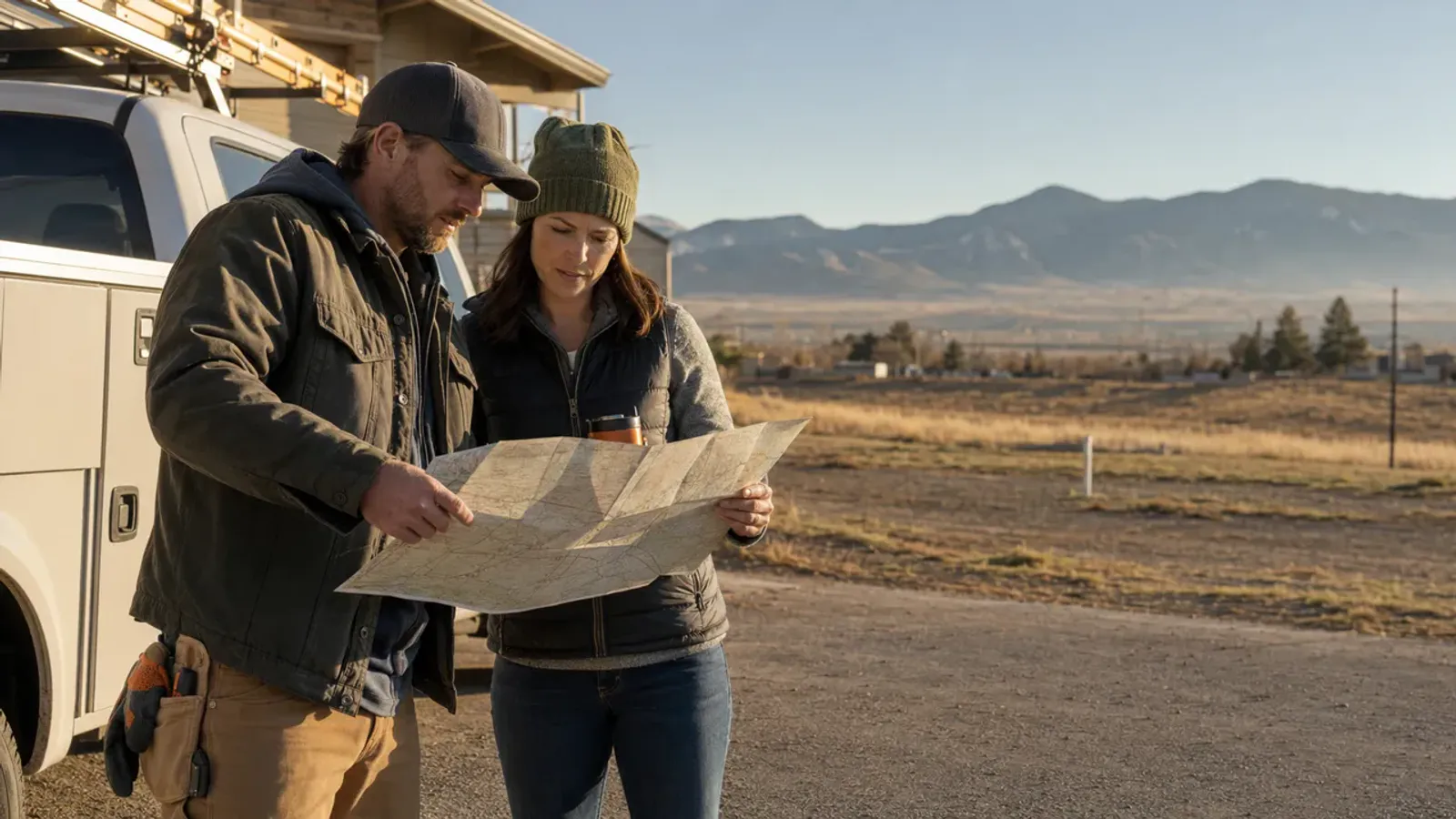 A home service business owner and marketing strategist reviewing a practical field roadmap at a Colorado jobsite