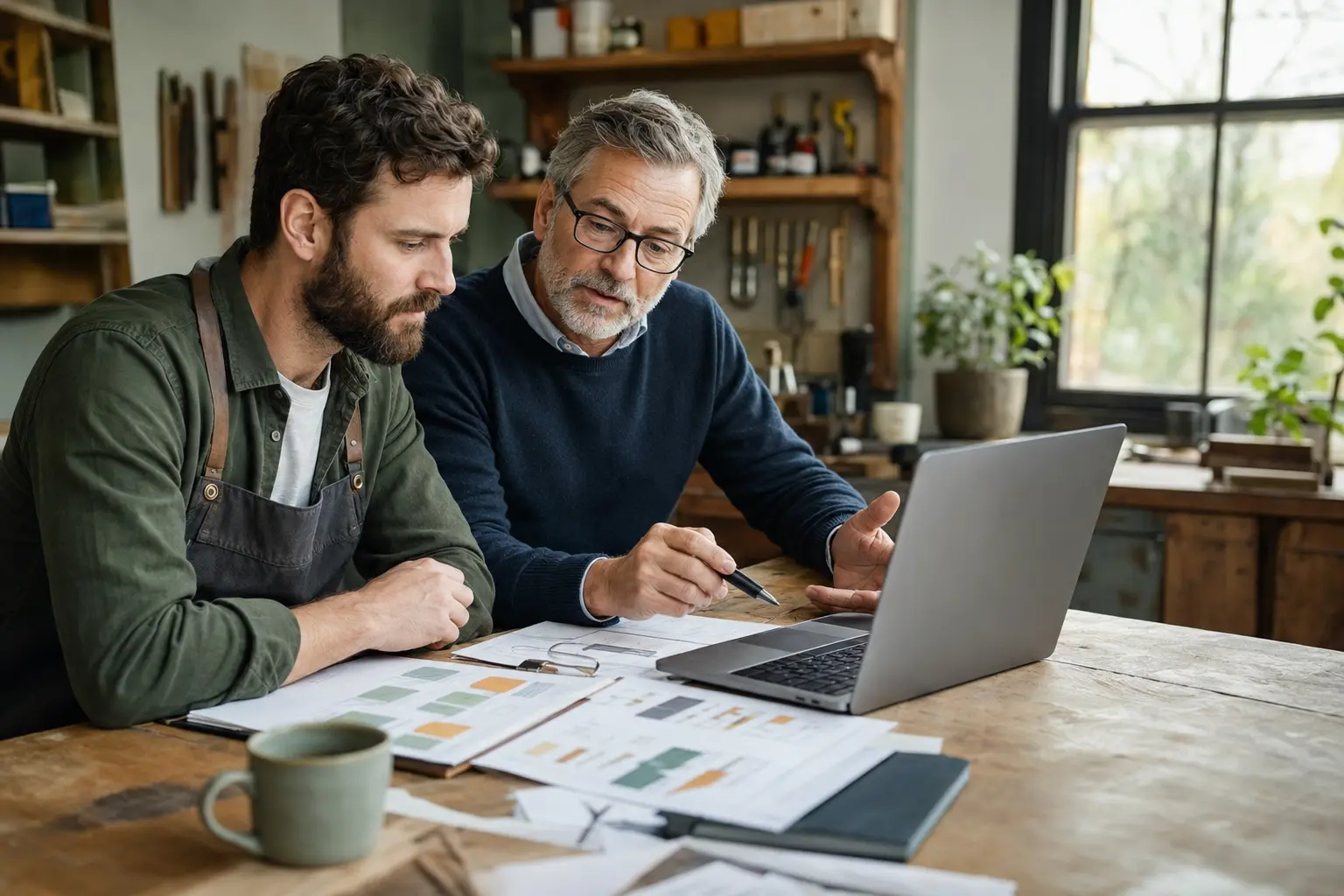 A local business owner and marketing strategist reviewing customer feedback and an ethical review-request workflow in a practical service workshop.