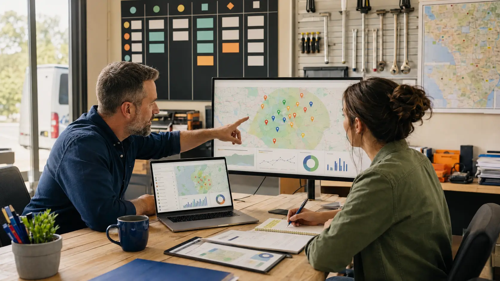 A home service business owner reviewing local search, maps, reviews and customer inquiry signals with a marketing strategist.